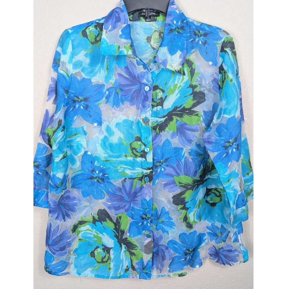 Notations Woman 1X Floral Button Up Blouse‎ Shirt Blue Green Sheer Top